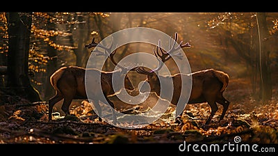 Two stag in the forest during a rut season, staring at camera Stock Photo