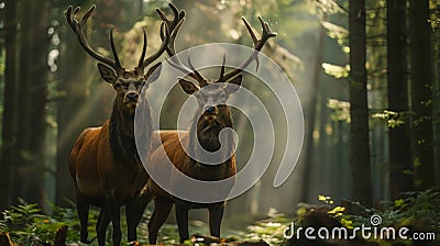 Two stag in the forest during a rut season, staring at camera Stock Photo