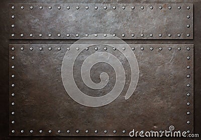 Two stained steel plates with rivets over metal background Stock Photo