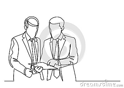 Two standing businessmen discussing work problem - continuous line drawing Vector Illustration