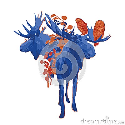 Two standing moose and two owls sitting on the horn Vector Illustration