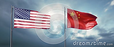 Two state flags of the united states of america and china, facing each other and moving in the wind in front of cl Cartoon Illustration