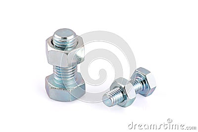 Two steel hexagon bolts and nuts isolated Stock Photo