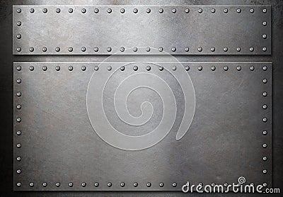 Two steel plates with rivets over metal background Stock Photo