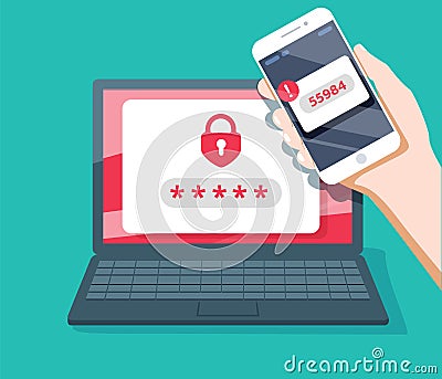 Two step authentication vector illustration, flat cartoon smartphone and computer safety login or signin Cartoon Illustration