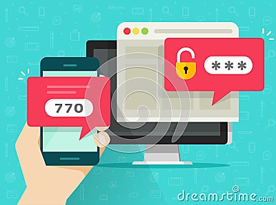 Two step authentication vector illustration, flat cartoon smartphone and computer safety login or signin, two steps Vector Illustration