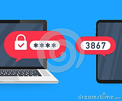 Two step authentication vector illustration, flat cartoon smartphone and computer safety login or signin. Vector illustration. Vector Illustration