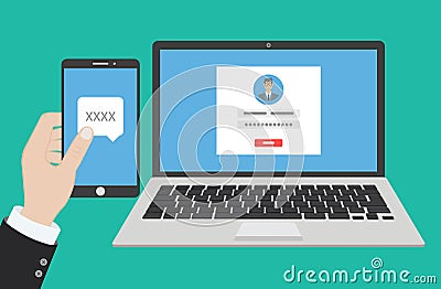 Two steps authentication concept. Verification by smartphone. Vector illustration Cartoon Illustration