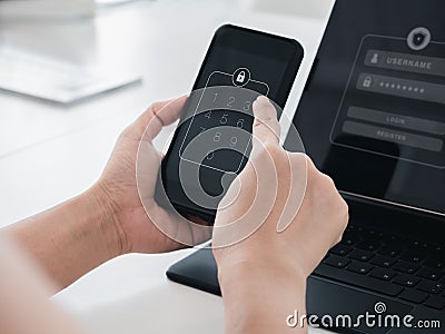 Two steps authentication or 2FA concept. Numbers passcode, lock code icon on smart mobile phone screen. Stock Photo