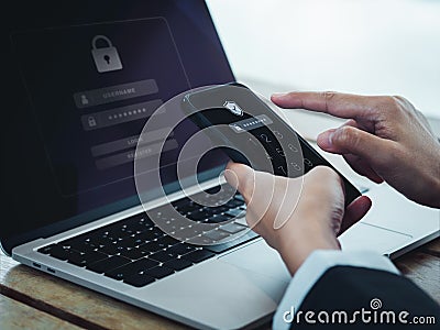 Two steps authentication 2FA concept. Shield icon and password code showing on smart phone screen? Stock Photo