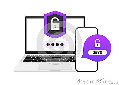 Two Steps Authentication. Verification code message on smartphone. Safety login concept. Two factor verification via Vector Illustration