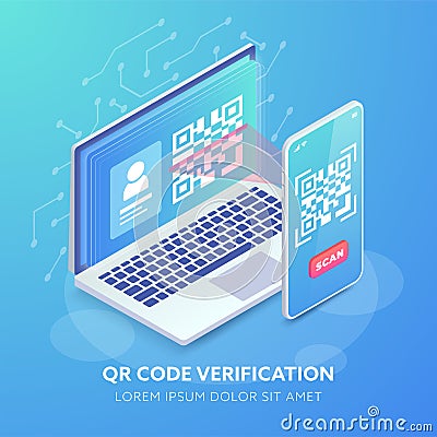 Two steps QR Code authentication isometric concept. QR code and login form on laptop screen, smartphone scanning barcode Vector Illustration