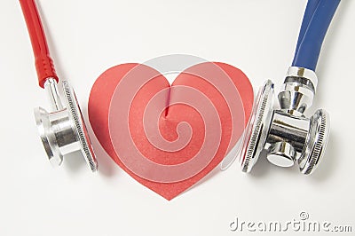 Two stethoscope blue and red are examined listening or auscultation heart shape left and right side on white background. Detai Stock Photo