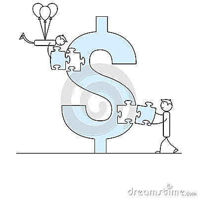 Two stick figure people solving dollar symbol puzzle Vector Illustration