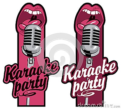 Two stickers for karaoke party with mic and mouth Vector Illustration