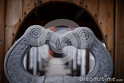 Two stone birds, Odin tribute stone sculpture in the Viking Hotel, Hafnafjordur, Iceland. Stock Photo
