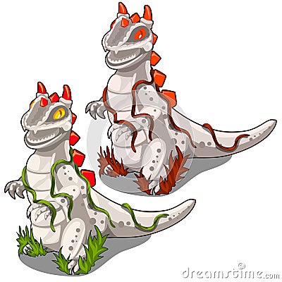 Two stone statues of dinosaurs with a red crest Vector Illustration