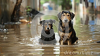 Two stranded dogs in the flood water Stock Photo