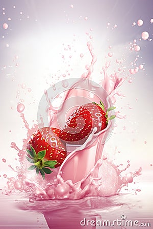 Two strawberries falling into a pink milk splash. AI generative image. Stock Photo