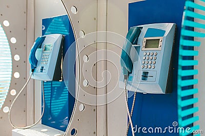 Two street payphones. Travel concept, communication. City concept. Stock Photo