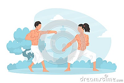 Two Strong Muscular Asian Men Martial Art Fighters Training Outdoors Cartoon Vector Illustration Vector Illustration