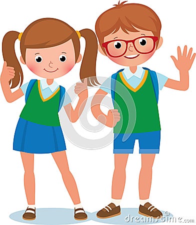 Two students of elementary school boy and girl in full length Vector Illustration