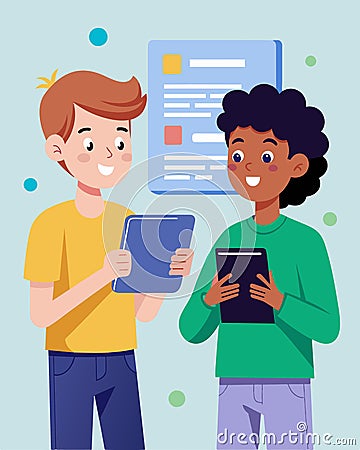 Two students excitedly discussing their progress on a coding project their tablets displaying lines of code and design Vector Illustration