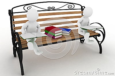 Two students are sitting on a bench and read of books Cartoon Illustration