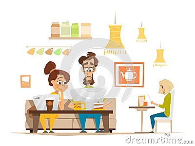 Two Students Sitting And Working With Laptop In Cafeteria Vector Illustration