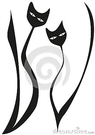 Two styled black cats Cartoon Illustration