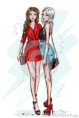 Two stylish beautiful girl with accessories. Hand drawn fashion women. Women in summer clothes. Sketch. Vector Illustration