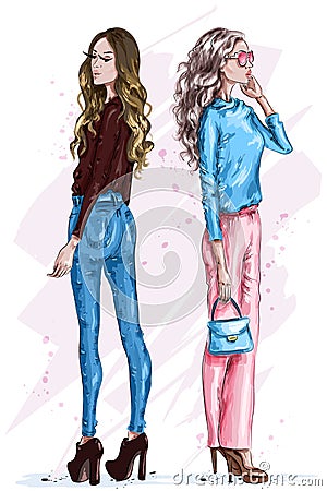 Two stylish beautiful women. Fashion girls with accessories. Hand drawn girls in fashion clothes. Fashion look. Sketch. Vector Illustration