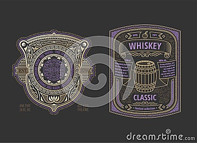 Two stylish vintage whiskey labels. Logo template design for alcohol bottle or can Vector Illustration