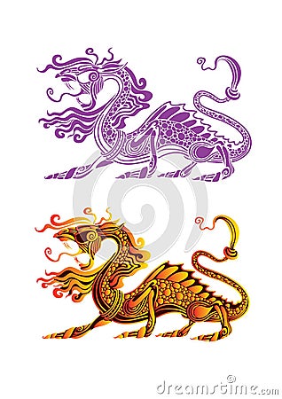 Two stylized dragons in different colors, china, tattoo, isolated object on white background, vector illustration Vector Illustration