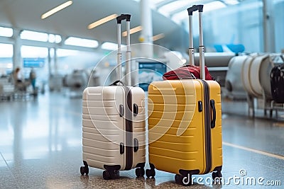 Two suitcases in empty airport hall, Vacation concept, Advertisement banner for air travels and flight bookings Stock Photo