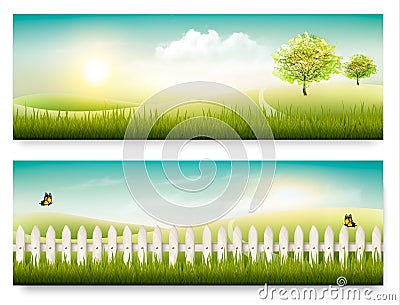 Two summer countryside landscape banners. Vector Illustration