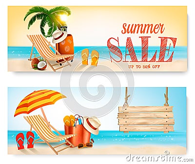 Two Summer Sale Banners With Beach Chair And Ocean. Vector Illustration