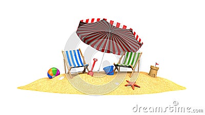 Two sun loungers and parasols on the beach Cartoon Illustration