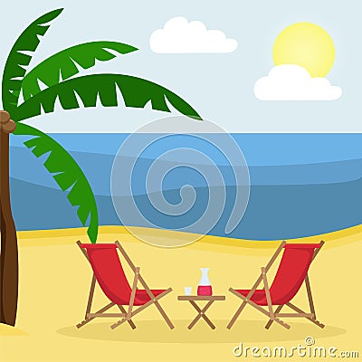 Two sunbeds with sun umbrella on the sandy beach with palm trees Vector Illustration