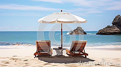 Two sunbeds under an umbrella on a sunny beach with a cliff in the ocean, generative ai Stock Photo