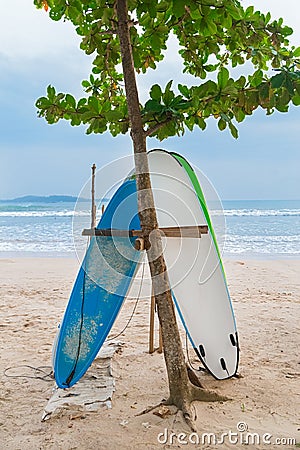 Two surf boards on sandy Weligama beach in Sri Lanka Stock Photo