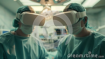 Surgeons use virtual reality technology during a surgical procedure in a modern operating room setting Generative AI Stock Photo
