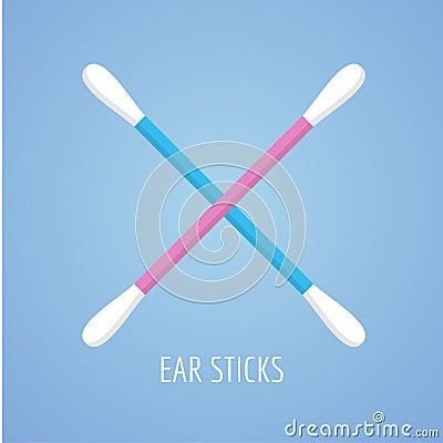 Two swabs, ear sticks in flat style on blue background. Medical tools, hygiene objects Vector Illustration