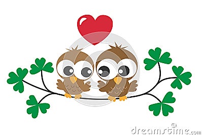 Two sweet brown owls in love Vector Illustration