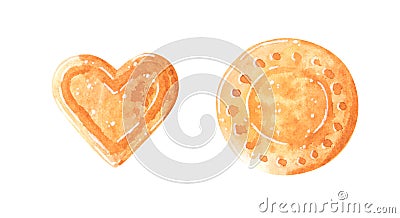 Two sweet cookies, heart-shaped and round, watercolor clip art Cartoon Illustration