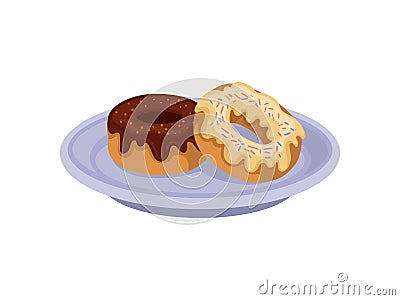 Two sweet donuts with chocolate and vanilla glaze on blue plate. Delicious snack. Food for breakfast. Flat vector icon Vector Illustration