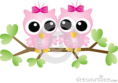 Two sweet owls sitting on a branch Vector Illustration