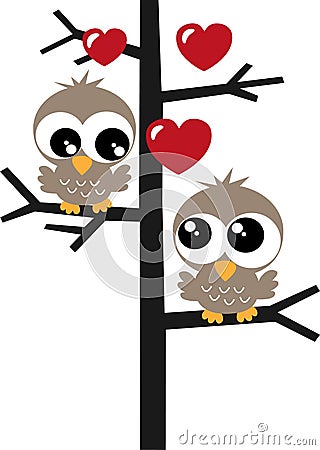 two sweet owls in a tree love Vector Illustration