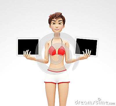 Two Tablet Device Mockups With Blank Screens Held by Serious Jenny - 3D Cartoon Female Character in Swimsuit Bikini Stock Photo