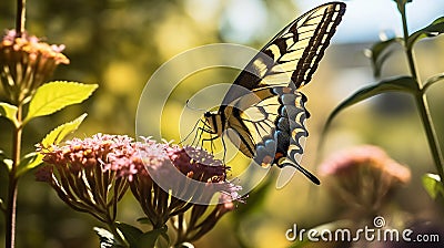 Two-Tailed Swallowtail Butterfly in the garden early in the morning Stock Photo